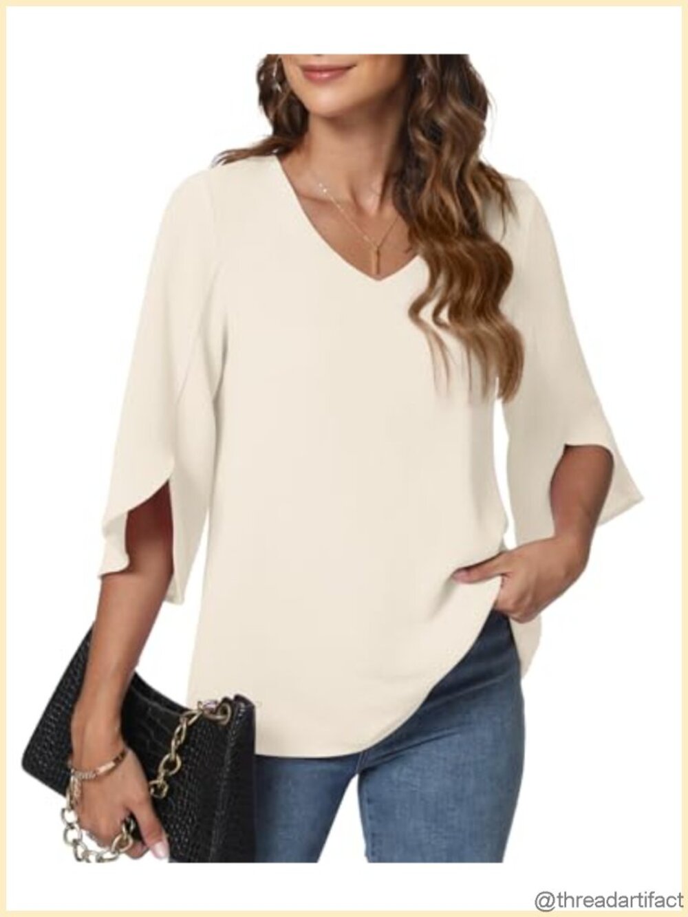 Womens Dressy Casual Blouse 3/4 Bell Sleeve V-Neck Work Top